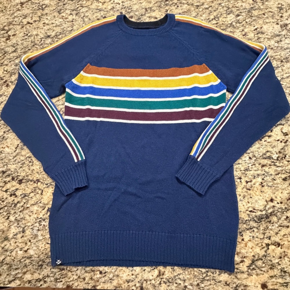 KAVU Womens XS Navy Blue Striped Crewneck Raglan Knit Sweater Klear Above Retro